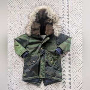Camouflage Hooded Parka with Faux Fur Trim